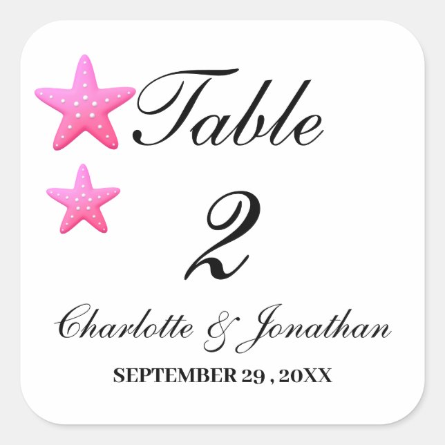 Sticker Carré Jolis Numéros de Table de Mariage de Plage Étoile  (Devant)