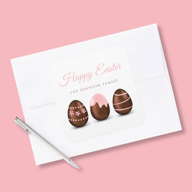 Sticker Carré Jolis œufs en chocolat Joyeuses Pâques (Cute Chocolate Eggs Happy Easter Square Sticker)