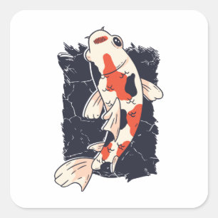 Sticker Carré Jolis poissons Koï aux couleurs rouge, blanc et no