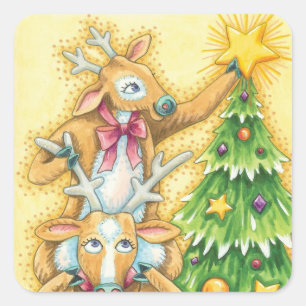 Sticker Carré Jolis rennes de Noël avec une étoile d'arbre de No