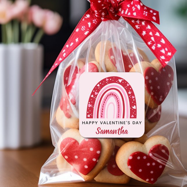 Sticker Carré Jolis Saint-Valentin Arc-en-ciel Personnalisés (Cute Valentines Rainbow Personalized Square Sticker)