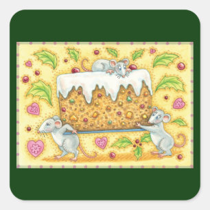 Sticker Carré Jolis souris de Noël portant un dessert de gâteau