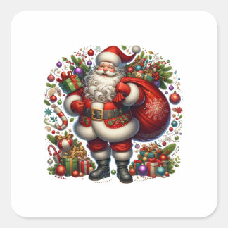 Sticker Carré Jolly Santa Claus Surrounded by Gifts