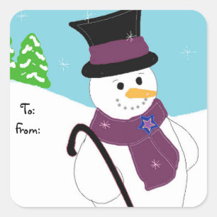 Sticker Carré Jolly Snowman avec Casquette et canne