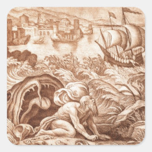 Sticker Carré Jonas et la baleine, illustration d'une bible, en