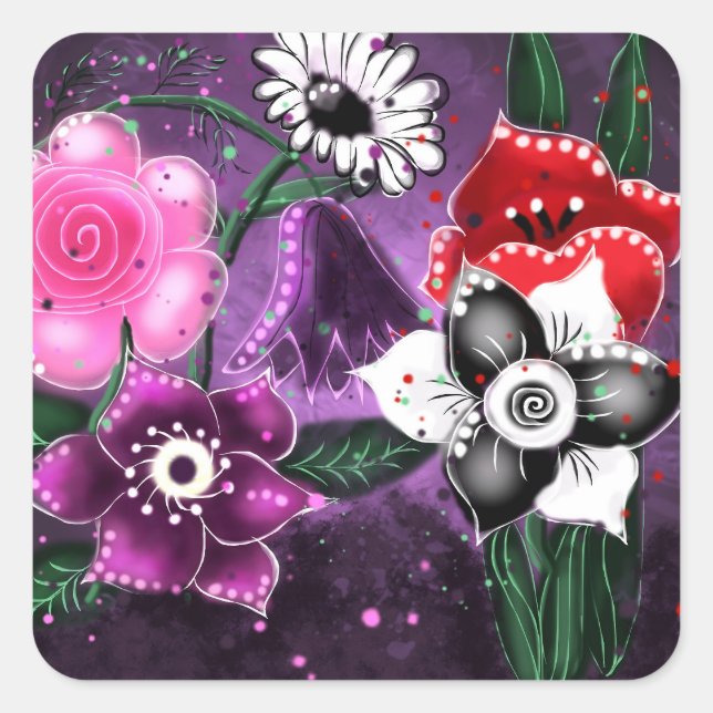 Sticker Carré Jonquille Whimsical Floral Purple Noir Rose Daisy (Devant)