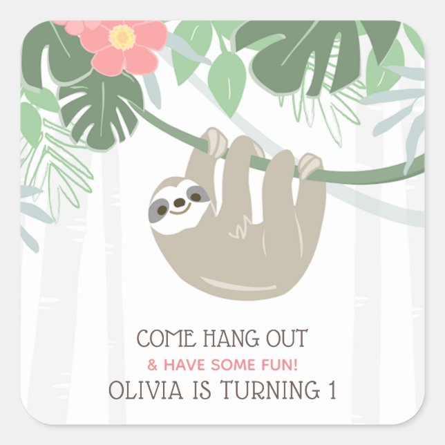Sticker Carré Jote Sloth Palm Tropical Feuille Anniversaire (Devant)