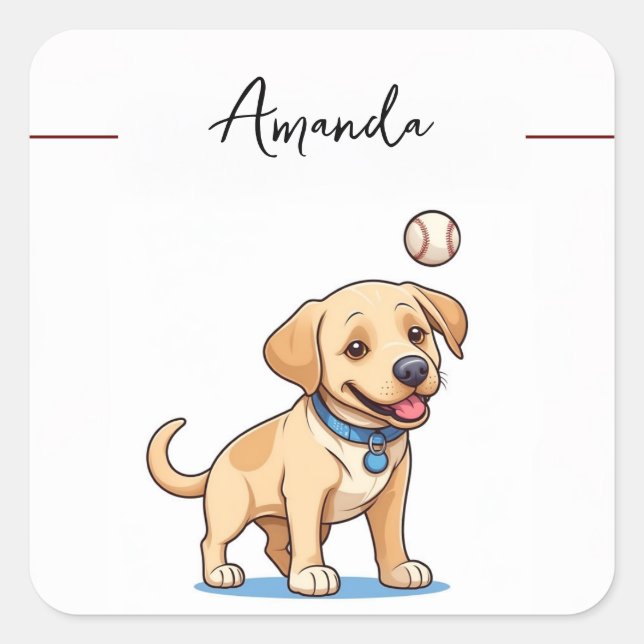 Sticker Carré Jouer Jaune Baseball Labrador Chiot (Devant)