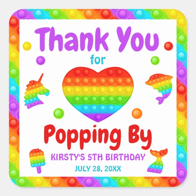 Sticker Carré Jouet Fidget Pop Arc-en-Ciel Anniversaire (Devant)
