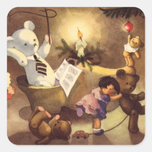 Sticker Carré Jouets de Noël Vintage, Poupées dansantes, Nounour