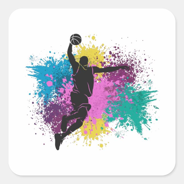 Sticker Carré Joueur de basket-ball Grungy Couleurs Splashes (Devant)