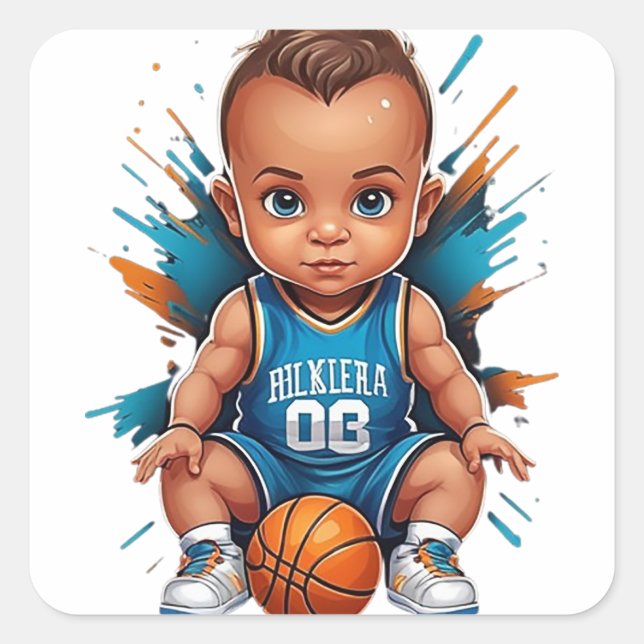 Sticker Carré Joueur de basket-ball pour bébé mignon (Devant)