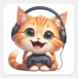 Sticker Carré Joueur de Chat Drôle – Cadeau pour les Amateurs de