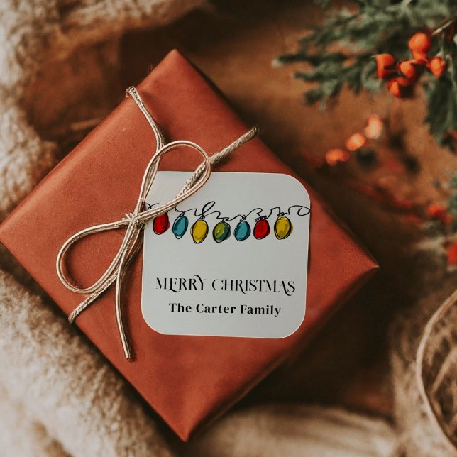 Sticker Carré Joueur de Noël coloré String lumières Croquis (Make wrapping easy this year with personalized gift tag stickers featuring a playful line of colorfu)