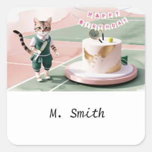 Sticker Carré Joueur de tennis de chat au court avec gâteau d'an