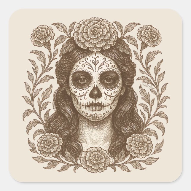 Sticker Carré Jour de la mort Catrina Aztec Marigold dessin (Devant)