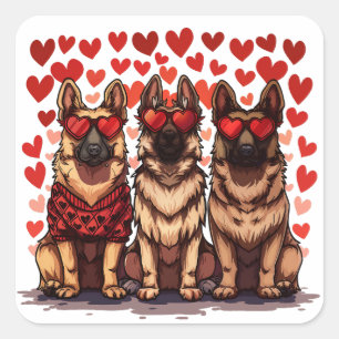 Sticker Carré Jour des Valentines Chiens bergers allemands