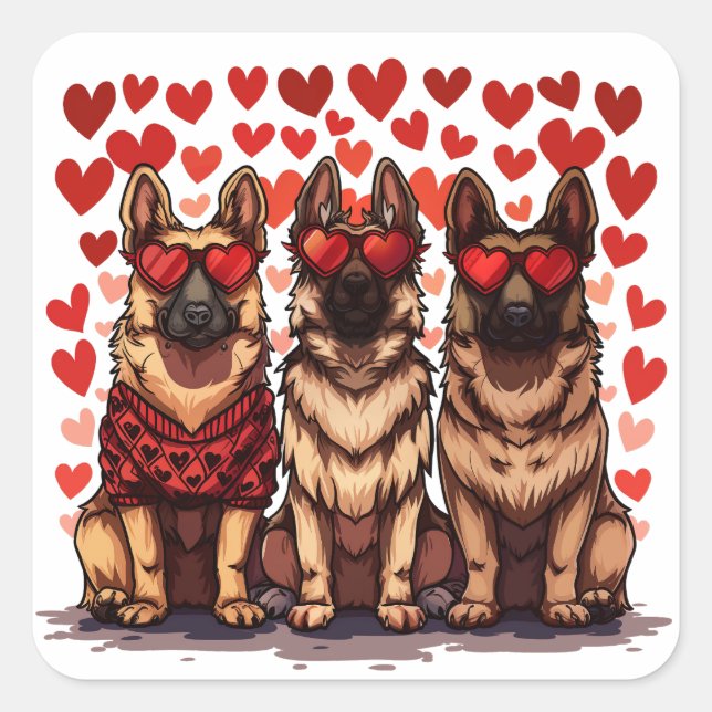 Sticker Carré Jour des Valentines Chiens bergers allemands (Devant)