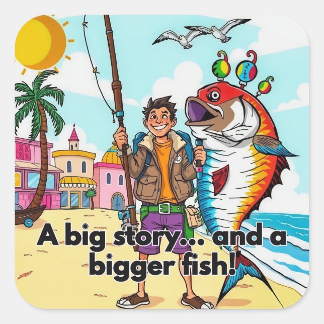 Sticker Carré Journée ensoleillée aventure de pêche (Devant)