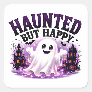 Sticker Carré 🎃 Joyeuse Citation de Halloween sur un Fantôme Ha