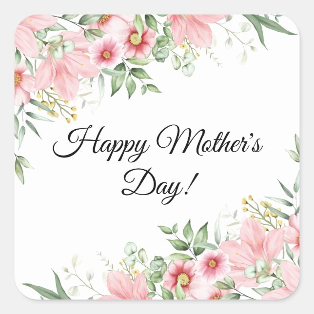 Sticker Carré Joyeuse fête des mères aquarelle rose floral éléga (Devant)