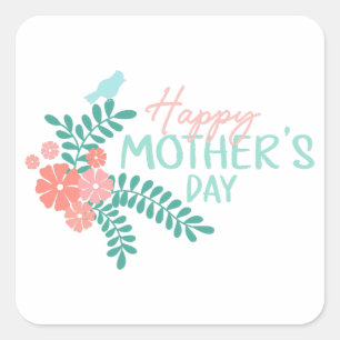 Sticker Carré Joyeuse fête des mères fleurs printanières oiseau 