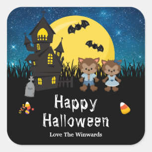 Sticker Carré Joyeuse Fête d'Halloween Loup-Garou Bleu