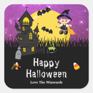 Sticker Carré Joyeuse fête d'Halloween Sorcière Violette