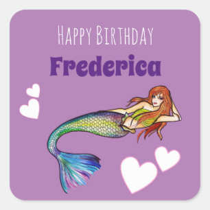 Sticker Carré Joyeuse fille d'anniversaire Rainbow Mermaid Illus