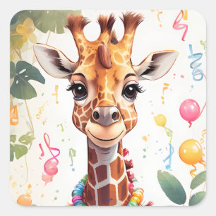 Sticker Carré Joyeuse Giraffe avec cadeaux et gâteau