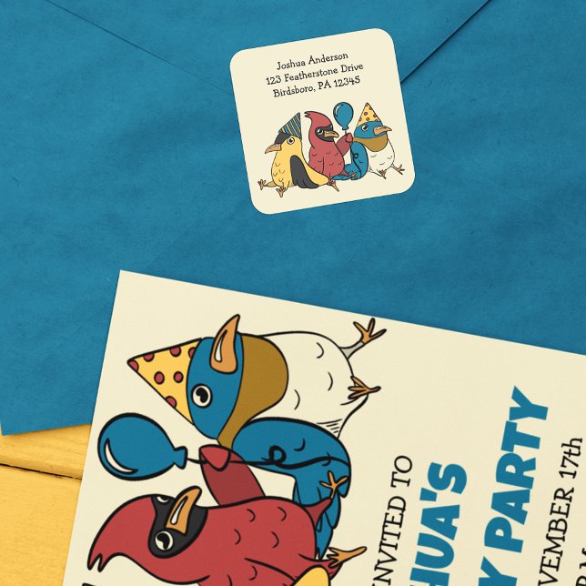 Sticker Carré Joyeuse journée Oiseaux caricaturaux Adresse de re (Créateur téléchargé)