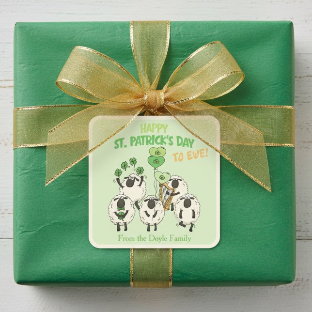 Sticker Carré Joyeuse Saint-Patrick à Vous Moutons Irlandais (Whimsical Happy St Patrick's Day to Ewe Irish Kids Stickers. Cute Sheep & Lucky Shamrock Balloons)