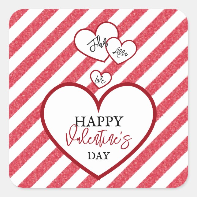 Sticker Carré Joyeuse Saint-Valentin Cœurs Rouges Rayures de Cra (Devant)