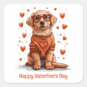 Sticker Carré Joyeuse Saint-Valentin Golden Retriever Chien