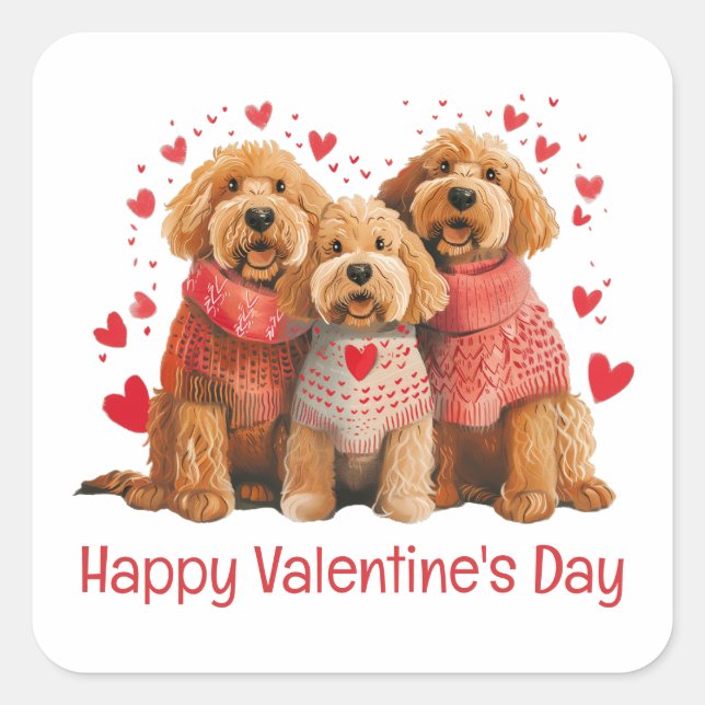 Sticker Carré Joyeuse Saint-Valentin Goldendoodle Chiens (Devant)