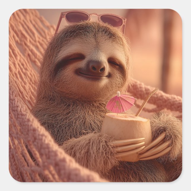 Sticker Carré Joyeuse Sloth Relaxant dans un hamac (Devant)