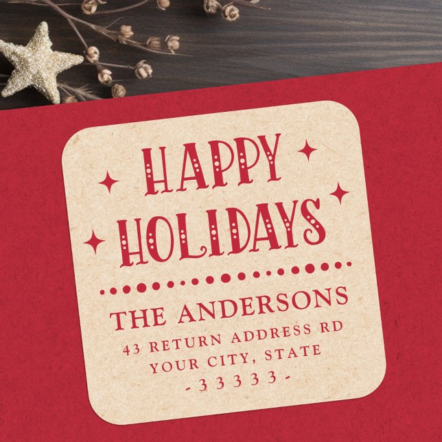 Sticker Carré Joyeuses fêtes festives point dider Kraft look rou (Happy Holidays festive dot divider Kraft look red Square Sticker)