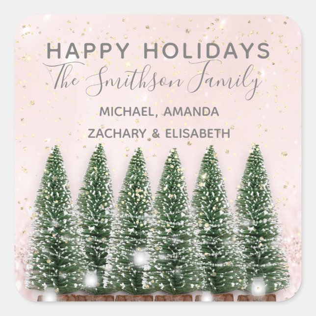 Sticker Carré Joyeuses fêtes Joyeux arbres de Noël Rose or (Devant)
