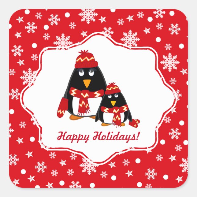 Sticker Carré Joyeuses fêtes. Noël drôle des petits pingouins (Devant)