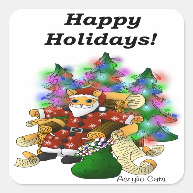 Sticker Carré Joyeuses fêtes Noël Père Noël Chat (Devant)