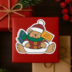 Sticker Carré Joyeuses Fêtes Ours de Noël