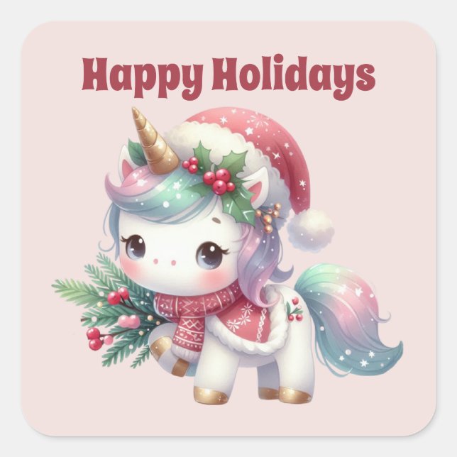 Sticker Carré Joyeuses fêtes unicorn Noël (Devant)
