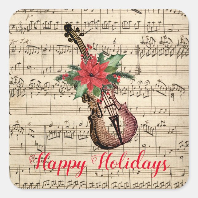 Sticker Carré Joyeuses fêtes Violon Vintage et Partition (Devant)