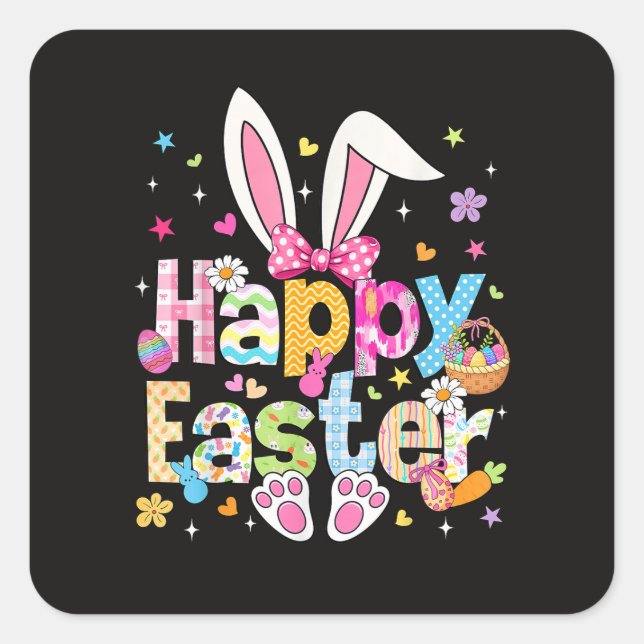 Sticker Carré Joyeuses Pâques 2026 Lapin Mignon (Devant)