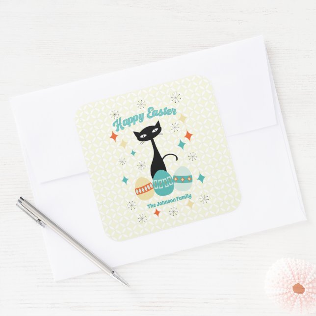 Sticker Carré Joyeuses Pâques, Chat Moderne du Milieu du Siècle, (Enveloppe)