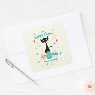 Sticker Carré Joyeuses Pâques, Chat Moderne du Milieu du Siècle,