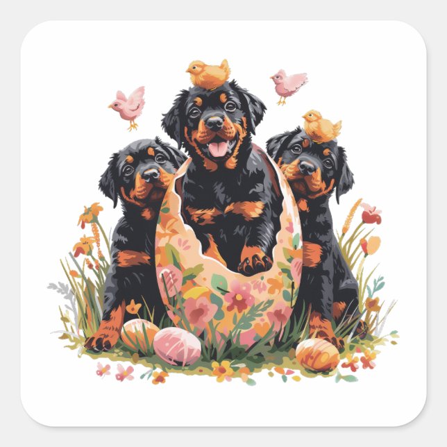 Sticker Carré Joyeuses Pâques Chiens Rottweiler (Devant)