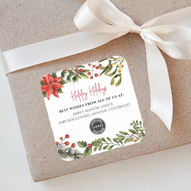 Sticker Carré Joyeuses vacances Botanique Business Logo Noël (Botanical Red Berries Business Logo Happy Holidays Christmas Square Sticker)