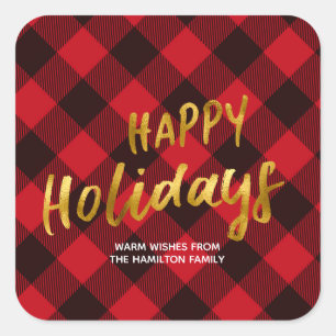 Sticker Carré Joyeuses vacances Buffalo Red Plaid et Gold Foil