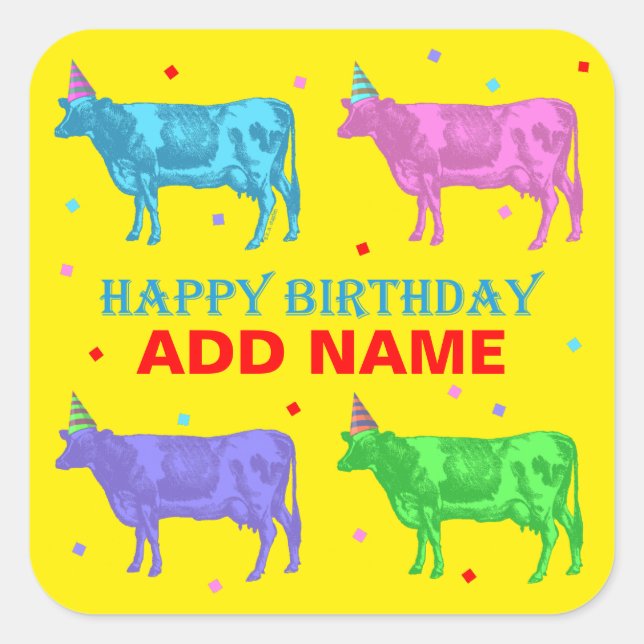 Sticker Carré Joyeuses vaches d'art pop d'anniversaire (Devant)